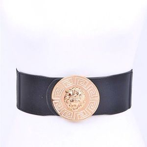 Gold Lion Medallion Large Buckle Stretch Statement Belt